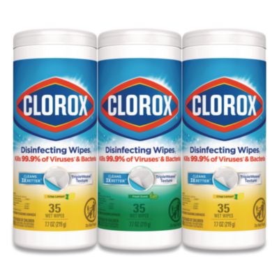 Clorox Disinfecting Wipes, 1-Ply, 7 x 8, (1) Fresh Scent/(2) Crisp Lemon, White, 35/Canister, 3 Canisters/Pack (30112)