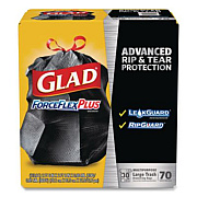 Glad ForceFlexPlus Drawstring Large Trash Bags, 30 gal, 1.05 mil, 30" x 32", Black, 70/Box (70358)