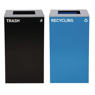 Alpine Industries 29 Gallon Trash/Recycling Cans, Steel, Blue Recycling Can with Square Lid, Black Trash Can with Square Lid (4450BLKKIT1)