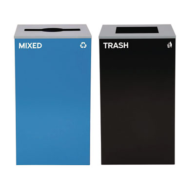 Alpine Industries 29 Gallon Trash/Recycling Cans, Steel, Blue Mixed Recycling with Mixed Lid, Black Trash Can with Square Lid (4450BLKKIT3)