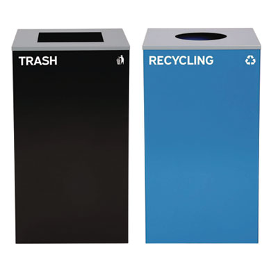 Alpine Industries 29 Gallon Trash/Recycling Cans, Steel, Blue Recycling with Circle Lid, Black Trash Can with Square Lid (4450BLKKIT6)