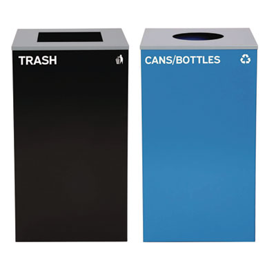 Alpine Industries 29 Gallon Trash/Recycling Cans, Steel, Blue Cans/Bottles Recycling with Circle Lid, Black Trash Can with Square Lid (4450BLKKIT7)