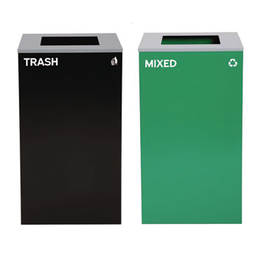 Alpine Industries 29 Gallon Trash/Recycling Cans, Steel, Green Mixed Recycling Can with Square Lid, Black Trash Can with Square Lid (4450BLKKIT10)