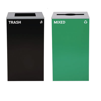 Alpine Industries 29 Gallon Trash/Recycling Cans, Steel, Green Mixed Recycling Can with Mixed Lid, Black Trash Can with Square Lid (4450BLKKIT11)