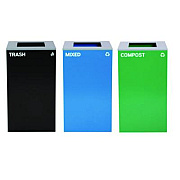 Alpine Industries 29 Gallon Trash/Recycling Cans, Steel, Blue Mixed Recycling Can, Green Compost Can, Black Trash Can with Square Lids (4450BLKKIT15)