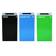 Alpine Industries 29 Gallon Trash/Recycling Cans, Steel, Blue Cans/Bottles Recycling Can, Green Compost Can, Black Trash Can with Square Lids (4450BLKKIT16)