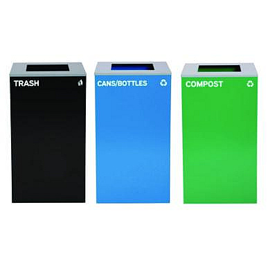 Alpine Industries 29 Gallon Trash/Recycling Cans, Steel, Blue Cans/Bottles Recycling Can, Green Compost Can, Black Trash Can with Square Lids (4450BLKKIT16)
