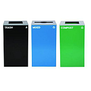 Alpine Industries 29 Gallon Trash/Recycling Cans, Steel, Blue Mixed Recycling Can w/Mixed Lid, Green Compost and Black Trash Cans w/Square Lids (4450BLKKIT19)