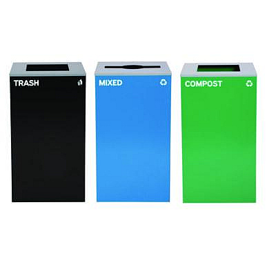 Alpine Industries 29 Gallon Trash/Recycling Cans, Steel, Blue Mixed Recycling Can w/Mixed Lid, Green Compost and Black Trash Cans w/Square Lids (4450BLKKIT19)