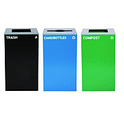 Alpine Industries 29 Gallon Trash/Recycling Cans, Steel, Blue Cans/Bottles Recycling Can w/Mixed Lid, Green Compost and Black Trash w/Sq Lid (4450BLKKIT20)