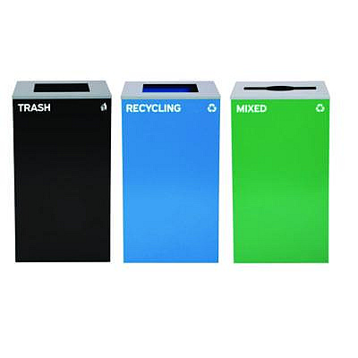 Alpine Industries 29 Gallon Trash/Recycling Cans, Steel, Blue Recycling and Black Trash Cans w/Square Lid, Green Mixed Recycling Can Mixed Lid (4450BLKKIT22)