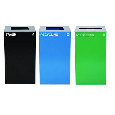 Alpine Industries 29 Gallon Trash/Recycling Cans, Steel, Blue Recycling Can and Black Trash Can w/Sq Lid, Green Recycling Can with Mixed Lid (4450BLKKIT21)