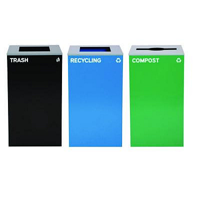 Alpine Industries 29 Gallon Trash/Recycling Cans, Steel, Blue Recycling Can and Black Trash Can w/Square Lids, Green Compost Can with Mixed Lid (4450BLKKIT23)