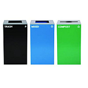 Alpine Industries 29 Gallon Trash/Recycling Cans, Steel, Blue Mixed Recycling and Black Trash Cans w/Square Lids, Green Compost Can w/Mixed Lid (4450BLKKIT24)