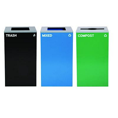 Alpine Industries 29 Gallon Trash/Recycling Cans, Steel, Blue Mixed Recycling and Black Trash Cans w/Square Lids, Green Compost Can w/Mixed Lid (4450BLKKIT24)