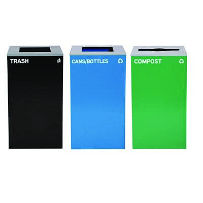 Alpine Industries 29 Gallon Trash/Recycling Cans, Steel, Blue Cans/Bottles Recycling and Black Trash Can w/Sq Lid, Green Compost Can Mixed Lid (4450BLKKIT25)