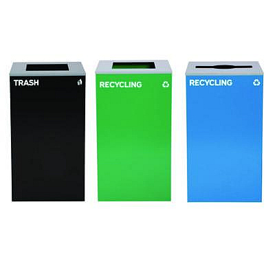 Alpine Industries 29 Gallon Trash/Recycling Cans, Steel, Blue Recycling Can w/Mixed Lid, Green Recycling Can and Black Trash Can with Sq Lid (4450BLKKIT26)