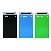 Alpine Industries 29 Gallon Trash/Recycling Cans, Steel, Blue Recycling Can and Green Compost Can w/Mixed Lids, Black Trash Can with Square Lid (4450BLKKIT27)