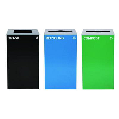 Alpine Industries 29 Gallon Trash/Recycling Cans, Steel, Blue Recycling Can and Green Compost Can w/Mixed Lids, Black Trash Can with Square Lid (4450BLKKIT27)