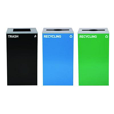 Alpine Industries 29 Gallon Trash/Recycling Cans, Steel, Blue Recycling Can and Green Recycling Can w/Mixed Lids, Black Trash Can w/Square Lid (4450BLKKIT30)