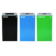 Alpine Industries 29 Gallon Trash/Recycling Cans, Steel, Blue Mixed Recycling and Green Compost Cans w/Mixed Lids, Black Trash Can w/Square Lid (4450BLKKIT28)