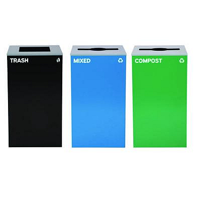 Alpine Industries 29 Gallon Trash/Recycling Cans, Steel, Blue Mixed Recycling and Green Compost Cans w/Mixed Lids, Black Trash Can w/Square Lid (4450BLKKIT28)