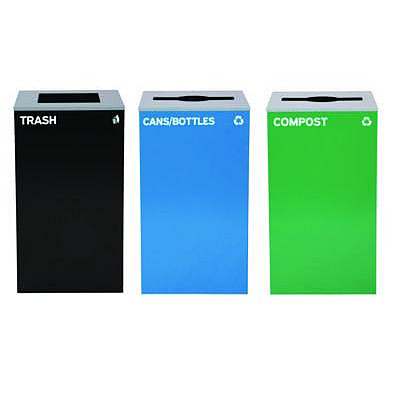 Alpine Industries 29 Gallon Trash/Recycling Cans, Steel, Blue Cans/Bottles Recycling and Green Compost Can w/Mixed Lid, Black Trash Can Sq Lid (4450BLKKIT29)
