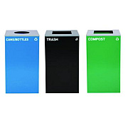 Alpine Industries 29 Gallon Trash/Recycling Cans, Steel, Blue Cans/Bottles with Circle Lid, Green Compost and Black Trash Cans with Square Lids (4450BLKKIT34)