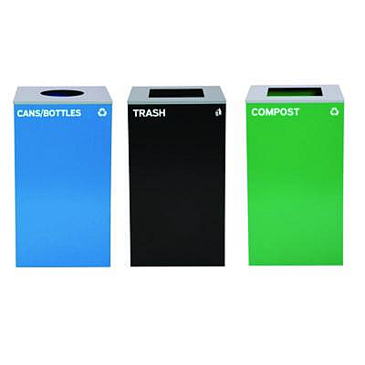 Alpine Industries 29 Gallon Trash/Recycling Cans, Steel, Blue Cans/Bottles with Circle Lid, Green Compost and Black Trash Cans with Square Lids (4450BLKKIT34)