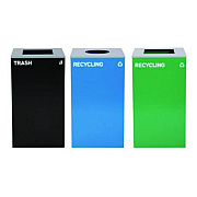 Alpine Industries 29 Gallon Trash/Recycling Cans, Steel, Blue Recycling Can w/Circle Lid, Green Recycling Can and Black Trash Can w/Square Lids (4450BLKKIT35)