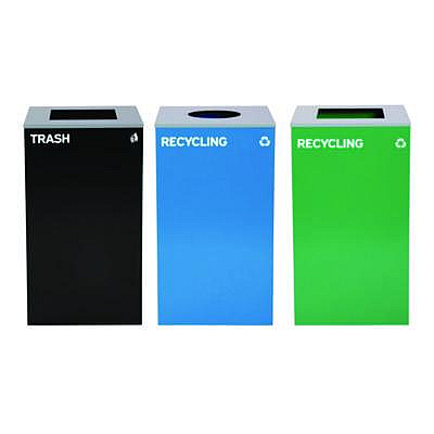 Alpine Industries 29 Gallon Trash/Recycling Cans, Steel, Blue Recycling Can w/Circle Lid, Green Recycling Can and Black Trash Can w/Square Lids (4450BLKKIT35)
