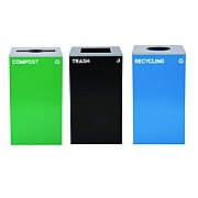 Alpine Industries 29 Gallon Trash/Recycling Cans, Steel, Blue Recycling Can w/Circle Lid, Green Compost w/Mixed Lid, Black Trash w/Square Lid (4450BLKKIT36)