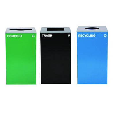 Alpine Industries 29 Gallon Trash/Recycling Cans, Steel, Blue Recycling Can w/Circle Lid, Green Compost w/Mixed Lid, Black Trash w/Square Lid (4450BLKKIT36)