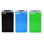 Alpine Industries 29 Gallon Trash/Recycling Cans, Steel, Blue Mixed Recycling w/Circle Lid, Green Compost w/Mixed Lid, Black Trash w/Square Lid (4450BLKKIT37)