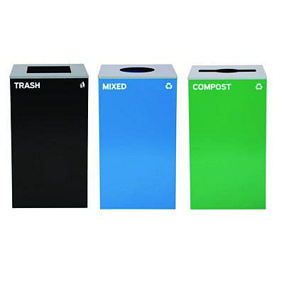Alpine Industries 29 Gallon Trash/Recycling Cans, Steel, Blue Mixed Recycling w/Circle Lid, Green Compost w/Mixed Lid, Black Trash w/Square Lid (4450BLKKIT37)