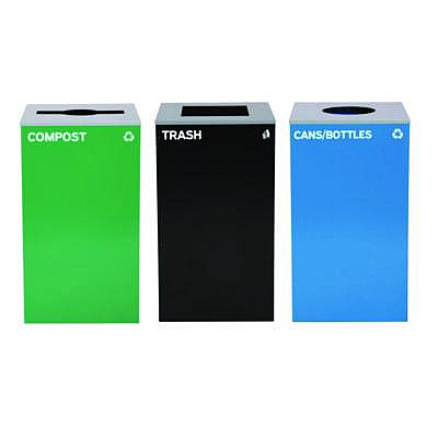 Alpine Industries 29 Gallon Trash/Recycling Cans, Steel, Blue Cans/Bottles Recycling w/Circle Lid, Green Compost w/Mixed Lid, BK Trash w/Sq Lid (4450BLKKIT38)