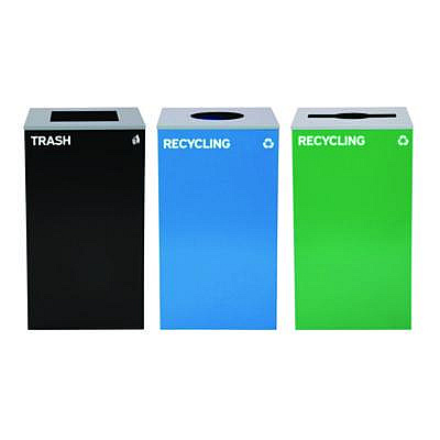 Alpine Industries 29 Gallon Trash/Recycling Cans, Steel, Blue Recycling Can w/Circle Lid, Green Recycling w/Mixed Lid, Black Trash w/Square Lid (4450BLKKIT39)