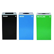 Alpine Industries 29 Gallon Trash/Recycling Cans, Steel, Blue Mixed Recycling w/Circle Lid, Green Recycling w/Mixed Lid, Black Trash w/Sq Lid (4450BLKKIT40)