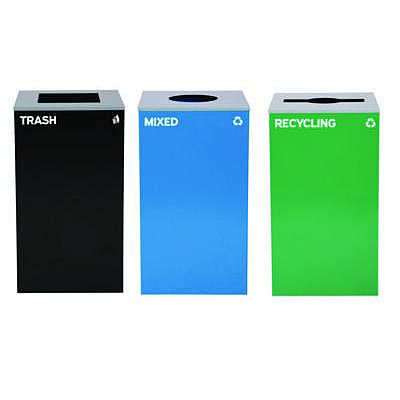 Alpine Industries 29 Gallon Trash/Recycling Cans, Steel, Blue Mixed Recycling w/Circle Lid, Green Recycling w/Mixed Lid, Black Trash w/Sq Lid (4450BLKKIT40)