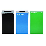Alpine Industries 29 Gallon Trash/Recycling Cans, Steel, Blue Recycling Can w/Circle Lid, Green Compost Can and Black Trash Can w/Square Lids (4450BLKKIT32)