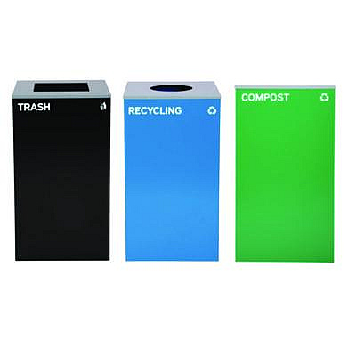 Alpine Industries 29 Gallon Trash/Recycling Cans, Steel, Blue Recycling Can w/Circle Lid, Green Compost Can and Black Trash Can w/Square Lids (4450BLKKIT32)