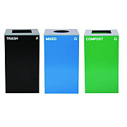 Alpine Industries 29 Gallon Trash/Recycling Cans, Steel, Blue Mixed Recycling Can w/Circle Lid, Green Compost and Black Trash Cans w/Sq Lids (4450BLKKIT33)