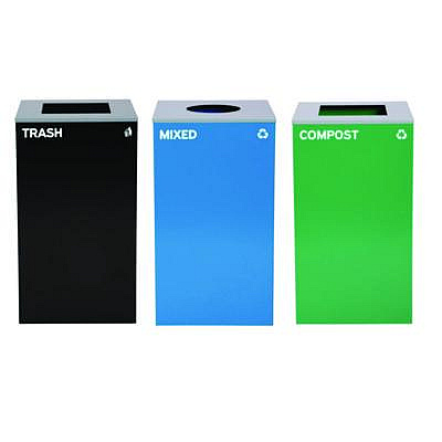 Alpine Industries 29 Gallon Trash/Recycling Cans, Steel, Blue Mixed Recycling Can w/Circle Lid, Green Compost and Black Trash Cans w/Sq Lids (4450BLKKIT33)