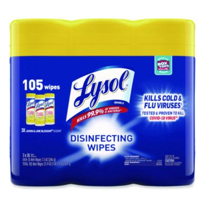 LYSOL Brand Disinfecting Wipes, 1-Ply, 7 x 7.25, Lemon and Lime Blossom, White, 35 Wipes/Canister, 3 Canisters/Pack, 4 Packs/Carton (82159CT)