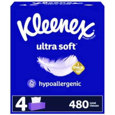 Kleenex Ultra Soft Facial Tissue, 3-Ply, White, 120 Sheets/Box, 4 Boxes/Pack, 8 Packs/Carton (54316)