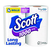 Scott 1000 Bathroom Tissue, Septic Safe, 1-Ply, White, 1,000 Sheets/Roll, 4 Rolls/Pack, 12 Packs/Carton (10183)