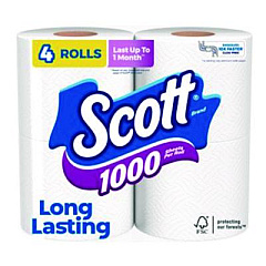 Scott 1000 Bathroom Tissue, Septic Safe, 1-Ply, White, 1,000 Sheets/Roll, 4 Rolls/Pack, 12 Packs/Carton (10183)