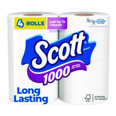 Scott 1000 Bathroom Tissue, Septic Safe, 1-Ply, White, 1,000 Sheets/Roll, 4 Rolls/Pack, 12 Packs/Carton (10183)