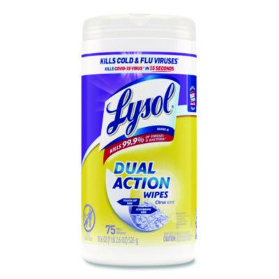LYSOL Brand Dual Action Disinfecting Wipes, 1-Ply, 7 x 7.25, Citrus, White/Purple, 75/Canister (81700)