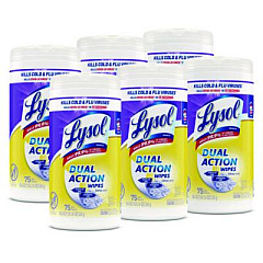 LYSOL Brand Dual Action Disinfecting Wipes, 1-Ply, 7 x 7.25, Citrus, White/Purple, 75/Canister, 6 Canisters/Carton (81700CT)